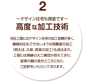 2～デザイン住宅も得意です～高度な加工技術：当社工場にはデザイン住宅の加工依頼が多く、機械対応もできないような高難度の加工（例えば、大梁、登梁の加工）も持込まれ、工場には熟練の大工軍団が控えており、彼等の腕の見せどころになり、ご定評をいただいております。