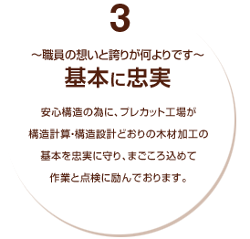 3～職員の想いと誇りが何よりです～基本に忠実：安心構造の為に、プレカット工場が構造計算・構造設計どおりの木材加工の基本を忠実に守り、まごころ込めて作業と点検に励んでおります。